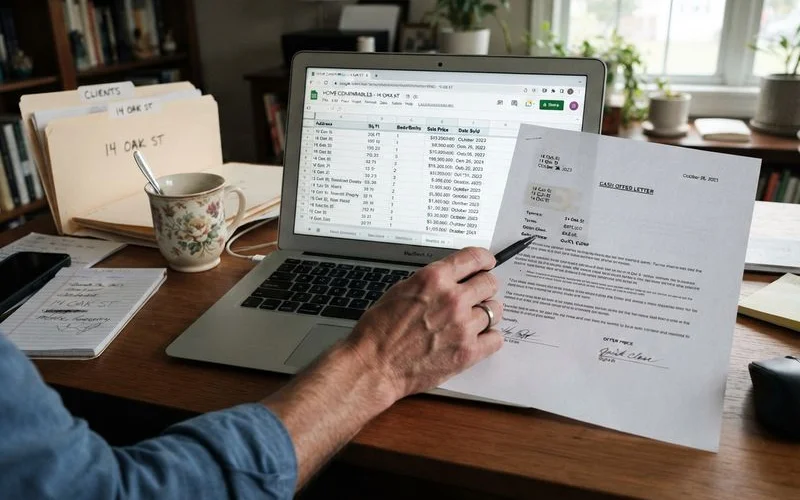 A homeowner compares a printed cash offer letter with a real estate agent's comparable sales report on a table