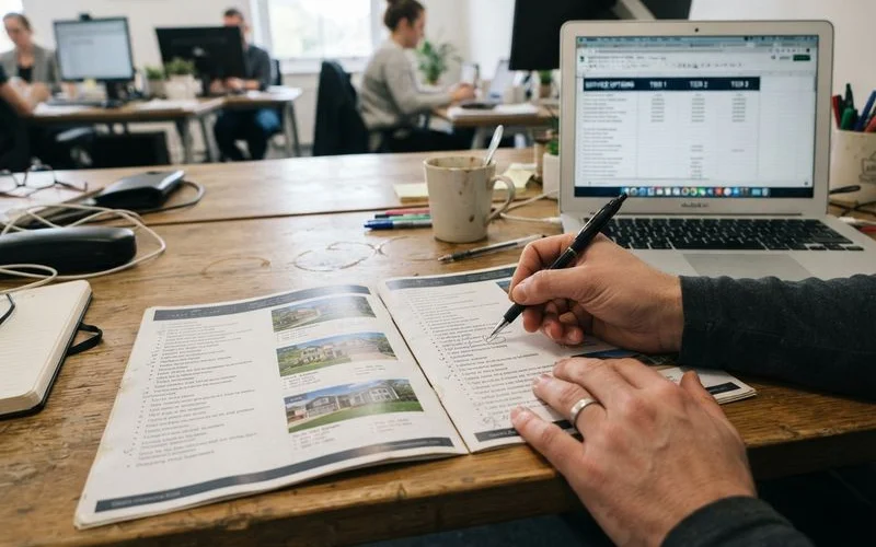 A homeowner compares a flat fee MLS listing package brochure against a full-service agent's marketing plan side by side