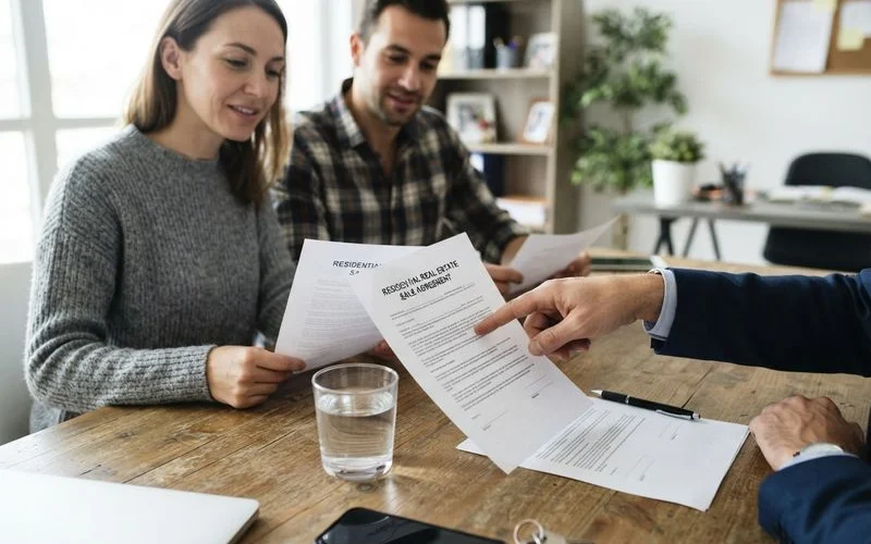 A real estate agent meets with two people at a table to discuss selling a shared home during a divorce
