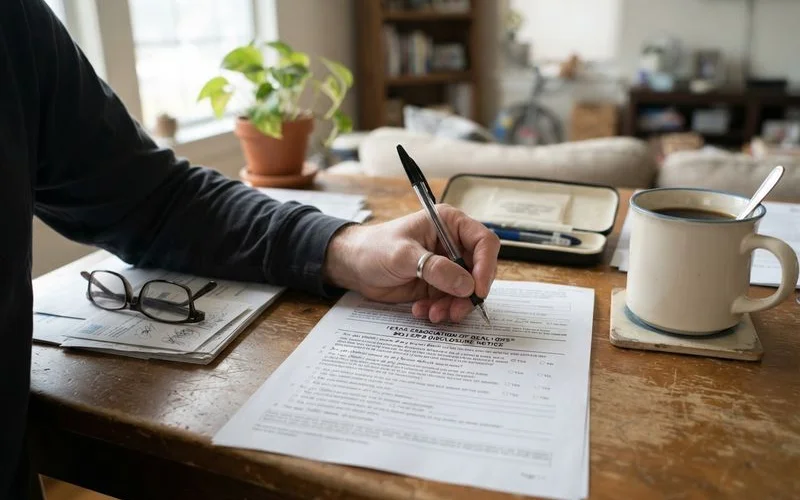A homeowner fills out a Texas seller's disclosure notice form at a desk with a pen in hand