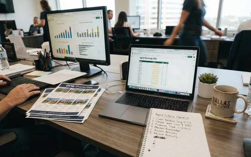 A local real estate market comparison chart on a desk beside a laptop showing agent listings and review summaries
