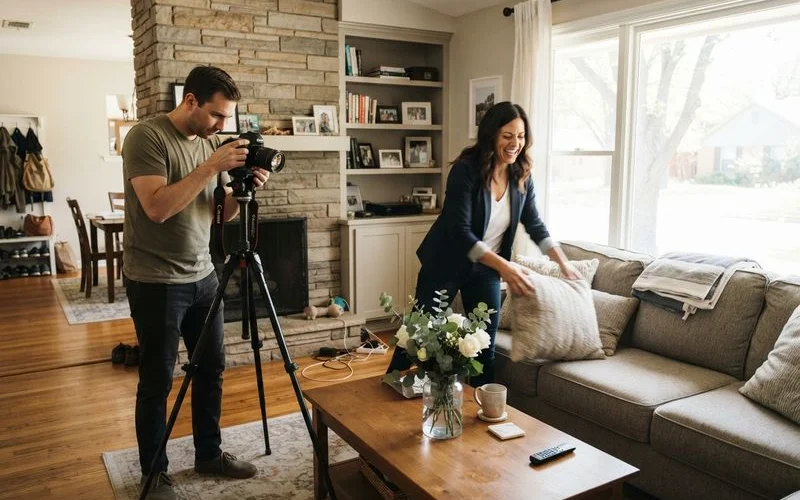 A photographer sets up lighting equipment to photograph a staged living room before a DFW home listing goes live