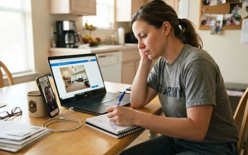 A military family reviews neighborhood options on a laptop during a video call with a real estate agent