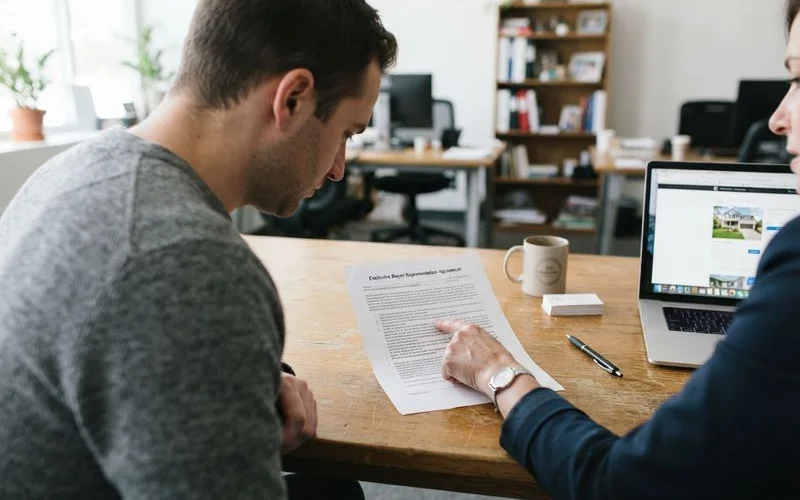 A homebuyer reads through a buyer representation agreement with a real estate agent at a table, pointing at a clause