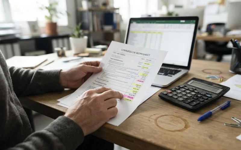 A real estate agent and homeowner review a printed commission worksheet together at a kitchen table in a bright DFW home