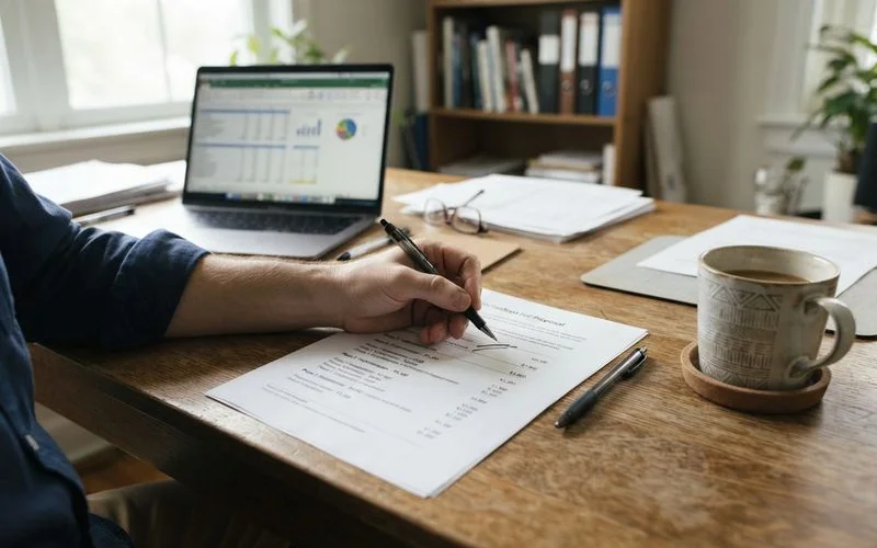 A real estate consultant reviews a written market analysis report with a client seated at an office table