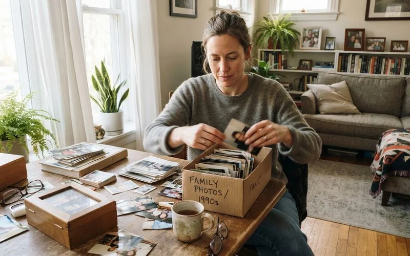 Adult siblings go through boxes of belongings together while sorting out a parent's home before selling it
